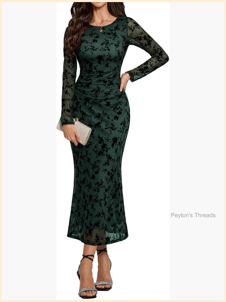 Mesh Maxi Long Sleeve Floral Bodycon Dress Ruched Cocktail Party